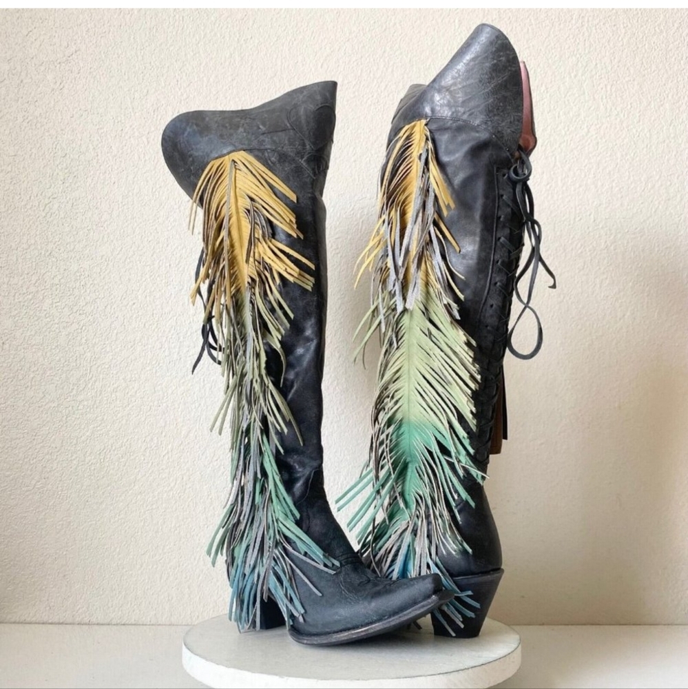 NEW Junk Gypsy Lane Spirit Animal Black Cowboy Boots 7 Over the Knee Fringe Tall